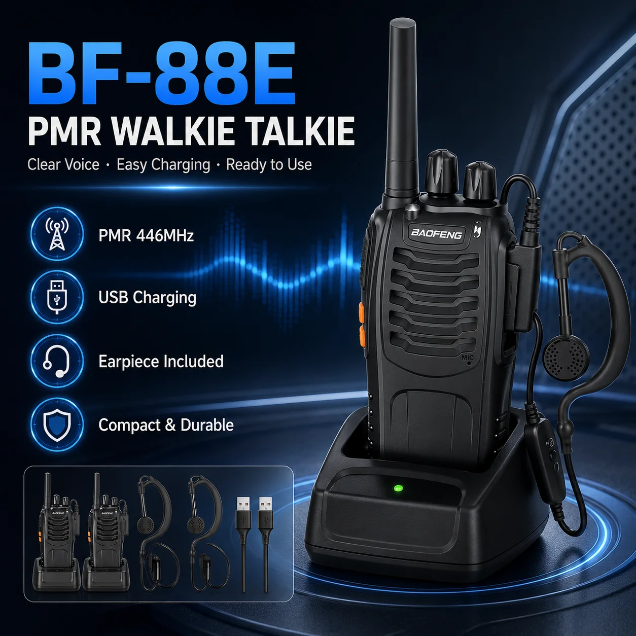 bf-88e-トランシーバー-双方向無線-pmr446-16チャンネル-1500mah-usb充電式-vox-2台セット-イヤーピース付き-ホテル-倉庫-キャンプ用