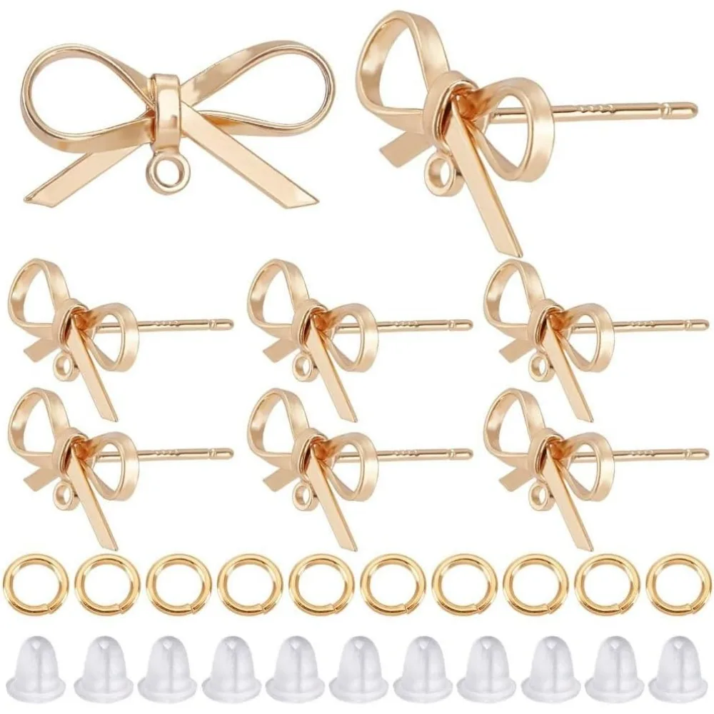 

12Pcs 18K Gold Plated Brass Bowknot Stud Earrings Stud Earring Findings Bow Tie Studs Earring Posts with Hole Horizontal Loops