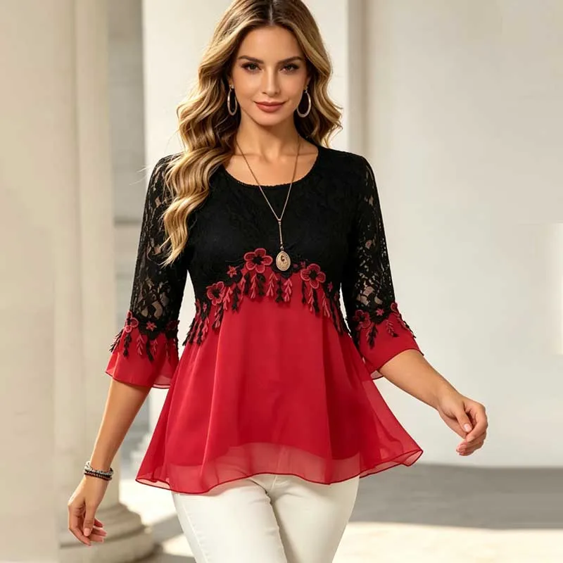 New Flower Lace Patchwork Blouse Elegant Casual Half Sleeved Round Neck Slim Fit Contrasting Color Women's Retro Hollow Out Tops
