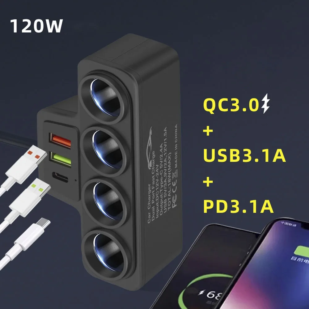 

4 in 1 USB Type C Socket 120W Car Cigarette Lighter Splitter 12V 24V Fast Charger Phone Power Adapter for Car DVR GPS Dashcam