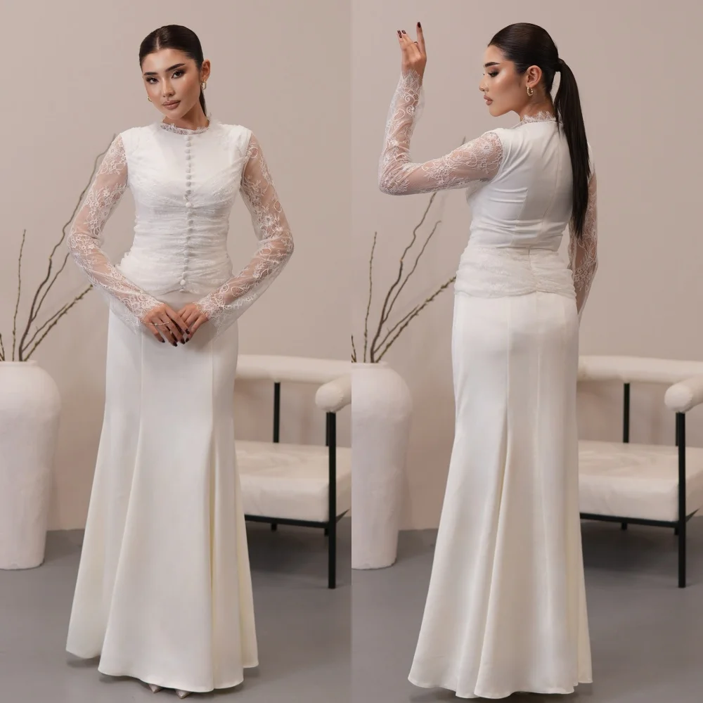

Customized Matching Exquisite Jersey Lace Button Pleat Mermaid High Collar Long Dresses Bespoke Occasion Dresses Sizes Available
