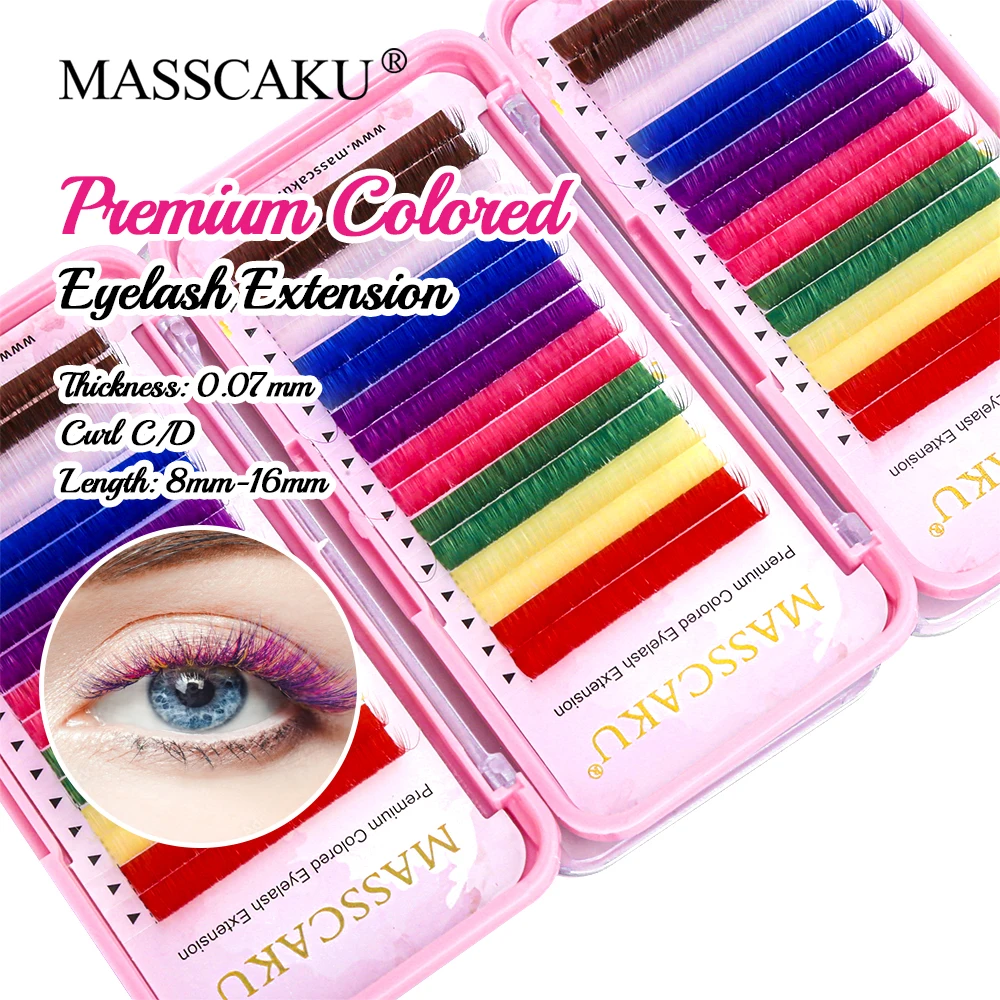 

MASSCAKU 16 Rows High Quality Professional Colored Classic Lash Extension Tray 0.07mm C D Curl 8-15mm Single Length False Lashes