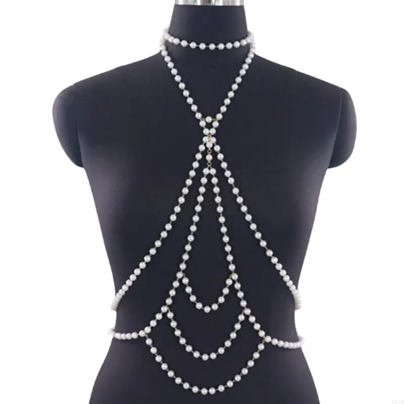 P8DB Pearl Body Chain Necklace for Women Adjustabl Pearl Shoulder Chain Fashion Pearl Body Chain Jewelry for Raves Party