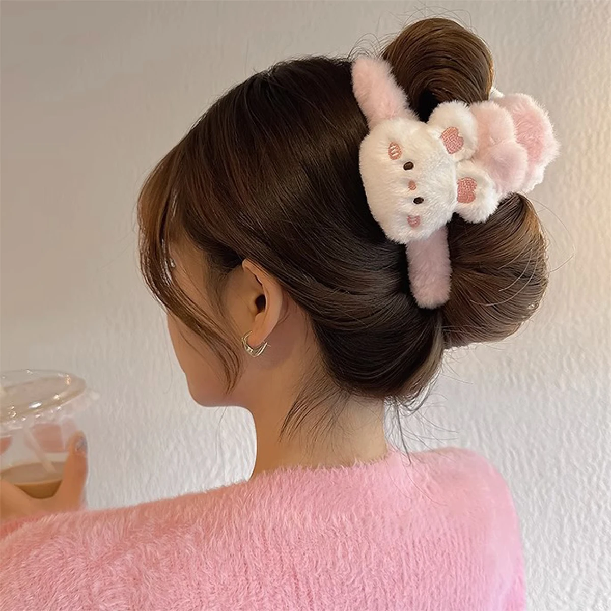Elegante artiglio per capelli in peluche-pelliccia di coniglio finto, Clip di squalo grande, disegni di orsetto carino e granchio soffice, forcina a forma di orso floccato