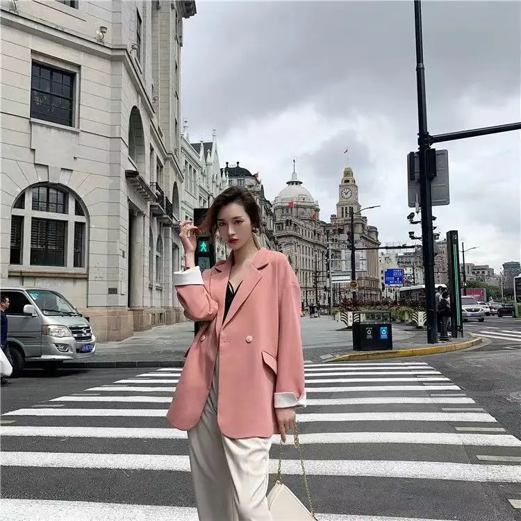 ロングブレザー女性春カジュアルオフィスレディラペルダブルブレストスリムフィットエレガントなソリッドカラーのファッションアウターミニマリスト