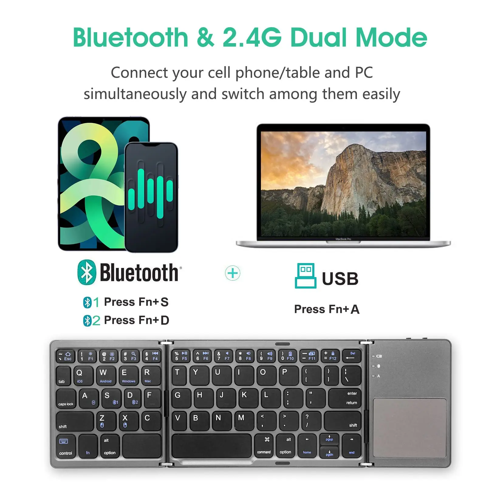 Clavier Bluetooth pliable avec support, clavier sans fil portable, support aste, taille de poche, Android, Windows, IOS, table