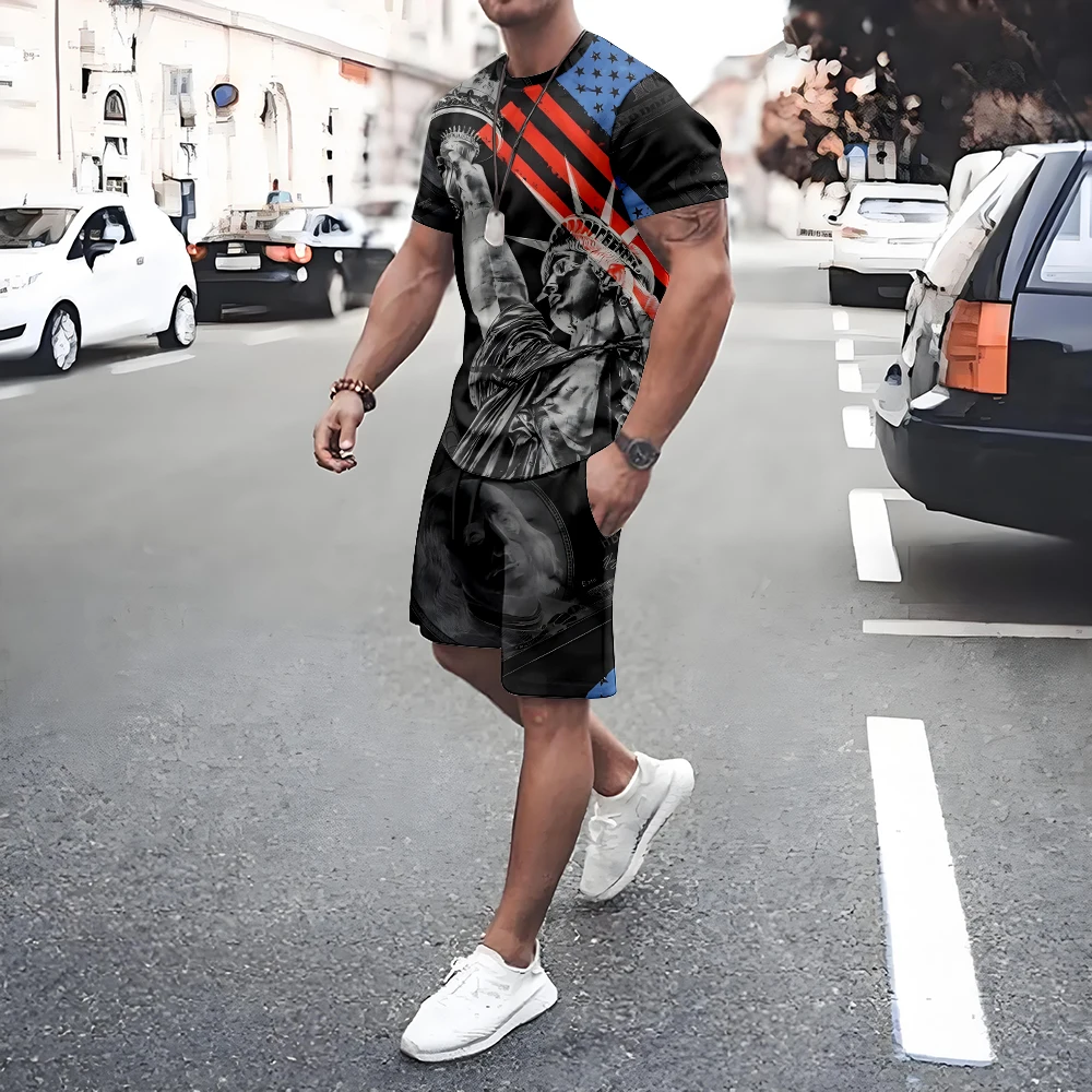 

American Flag Print Short Sleeve Tee Shorts Set Casual Men's T-shirt Shorts 2-piece Set Quick Drying Breathable Mesh T Shirt