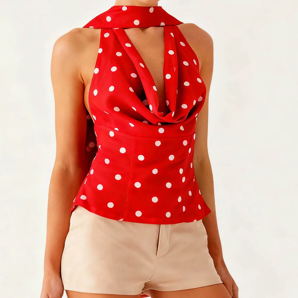 セクシーな水玉模様のプリントベスト、女性用、y2kヴィンテージ、バックレス、ホルターネック、vネック、スキニー、ベーシック、シックなタンクトップ、スカーフ付き、ビーチパーティーに