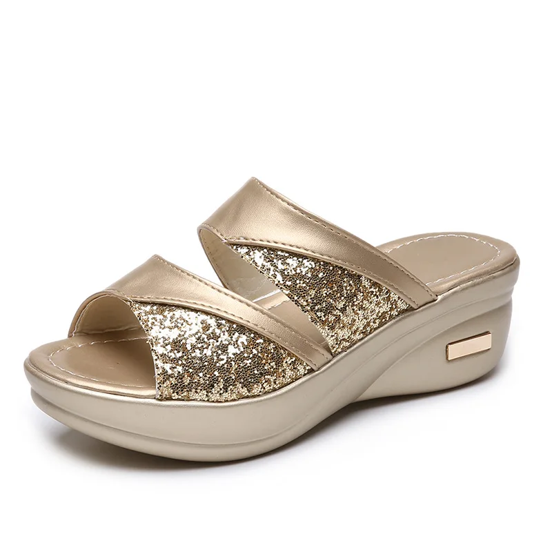 Women Summer Slippers Ladies Glitter PU Wedges Shoes Female Casual Slingbacks Sandals Comfortable Platform Woman Plus Size 34-44