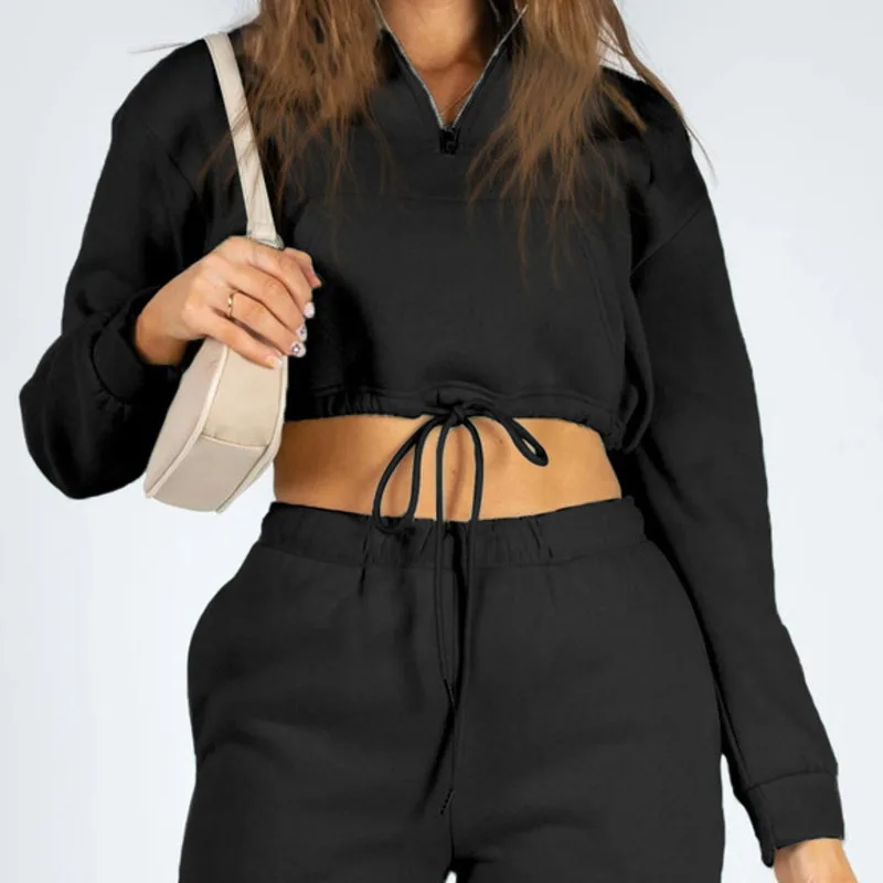 Autumn and Winter New Women's Solid Color 2024 Zipper Drawstring Crop Plus Fleece Hoodie Casual Sweatpants Suit Sports Style