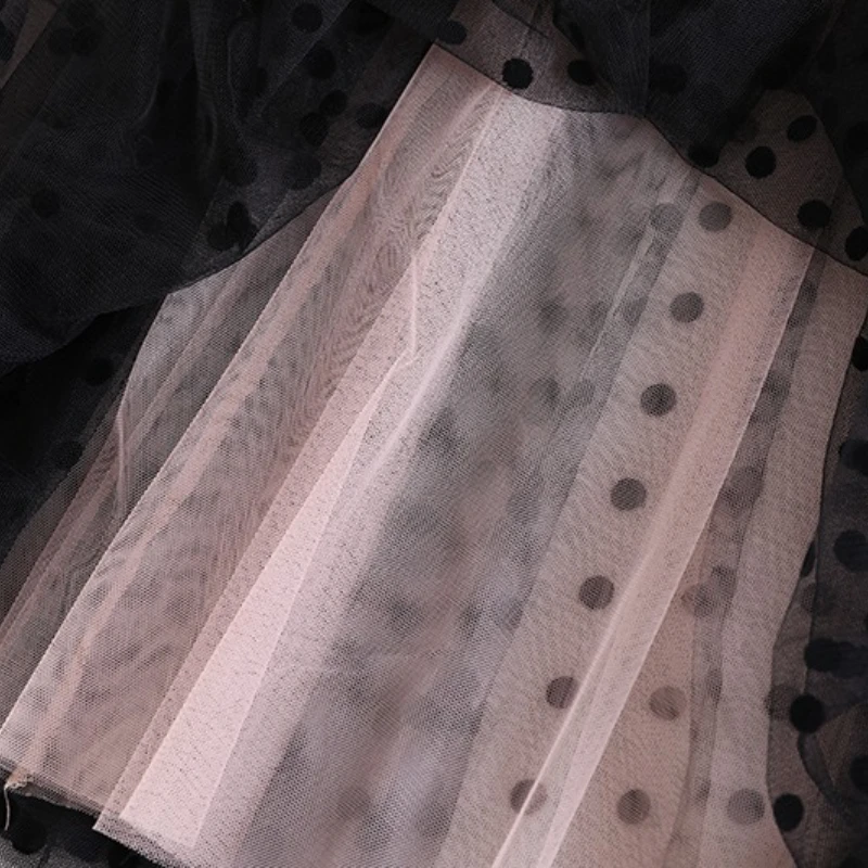 CHICEVER ภาษาฝรั่งเศสคํา Retro Dot พิมพ์ตาข่ายกระโปรงผู้หญิงสูงเอว Patchwork Lace Up Temperament ชุดราตรี Maxi กระโปรงหญิงใหม่