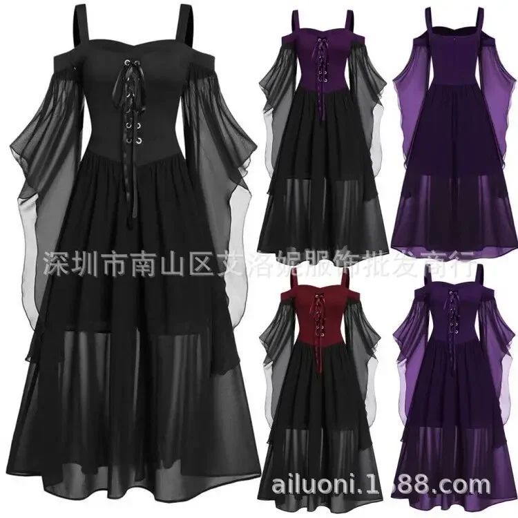 

Halloween Costume Witch Dress Cosplay Costumes Women Suspended Short Sleeve Dresses Retro Nobility Carnival Party Sexy Punk