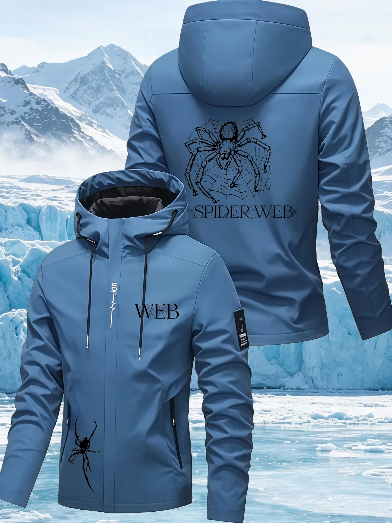 Men's Spider Web Print Hooded Jacket – Outdoor Windbreaker, Waterproof & Windproof, Spring/Autumn Workwear Coat