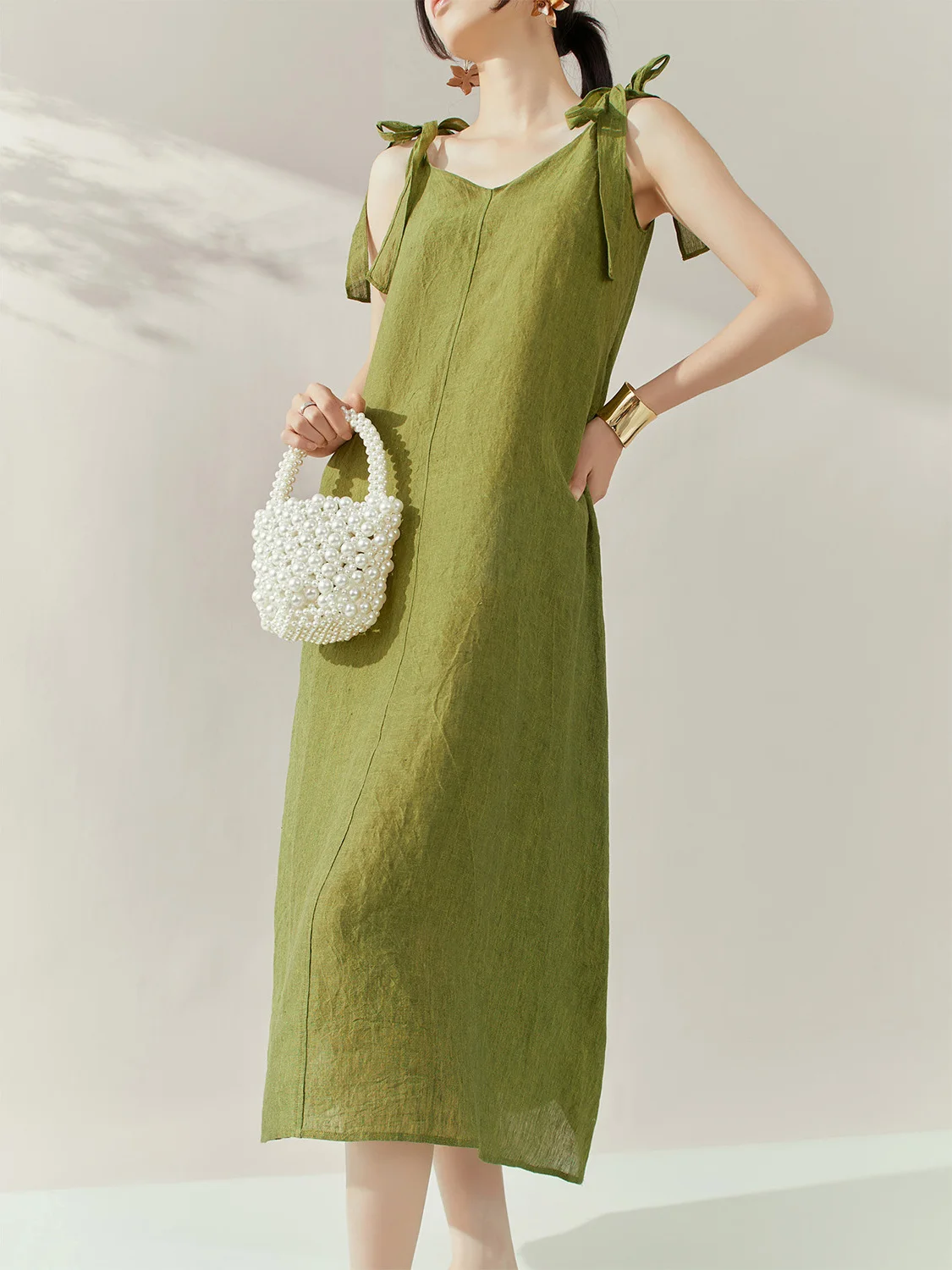 Eleganckie francuskie sukienki letnie w stylu casual na wakacje, sznurowane, z kokardą, na ramiączkach, z dekoltem w serek, z wysoką talią, luźne, w kształcie litery A, bez pleców, zielona długa sukienka damska.