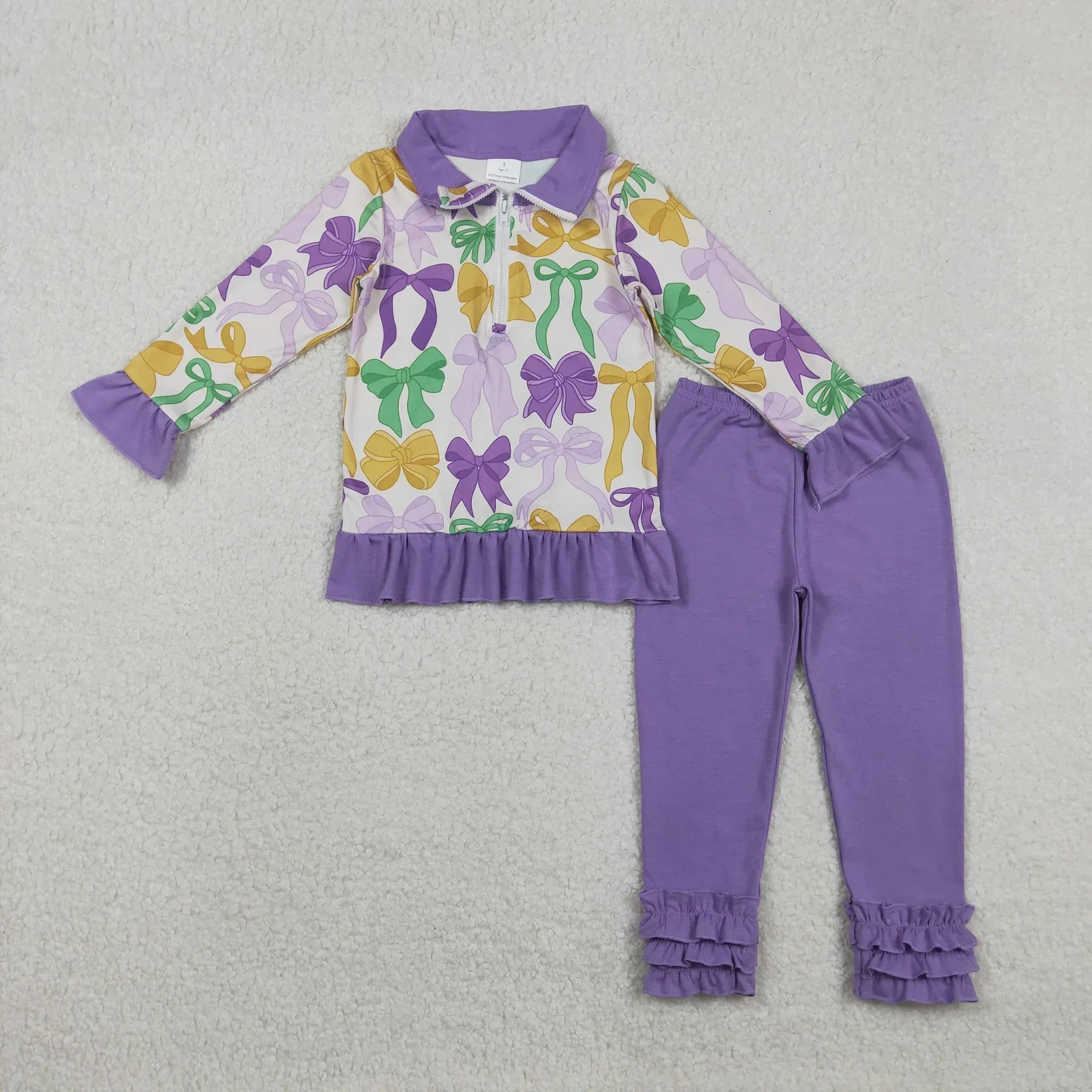 Wholesale Toddler Children Mardi Gras Set Baby Girl Kids Long Sleeves Clothes Bows Zipper Shirt Purple Ruffle Pants Girls Outfit