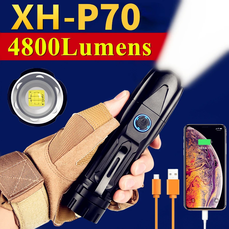 XHP70 LED Flashlight Telescopic 5 Lighting Modes USB Charging Tactical 26650 Flashlights Zoomable Camping Hunt Light