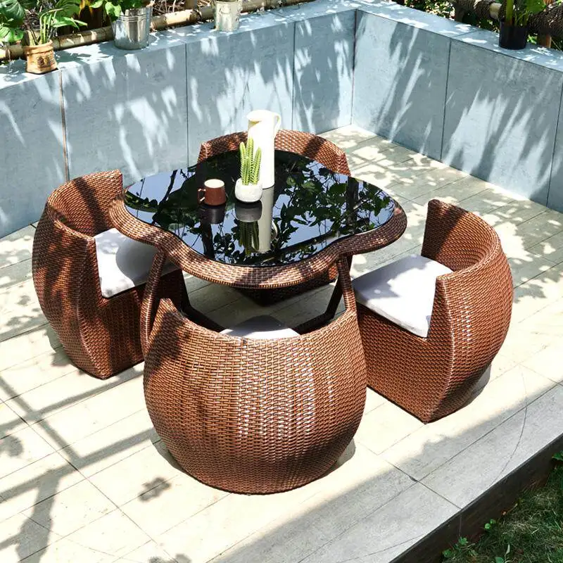 Outdoor Rattan Table Chair Set Simple Modern Design Aluminum Alloy Frame Waterproof Sunscreen 4 Seater for Garden Hotel Homestay