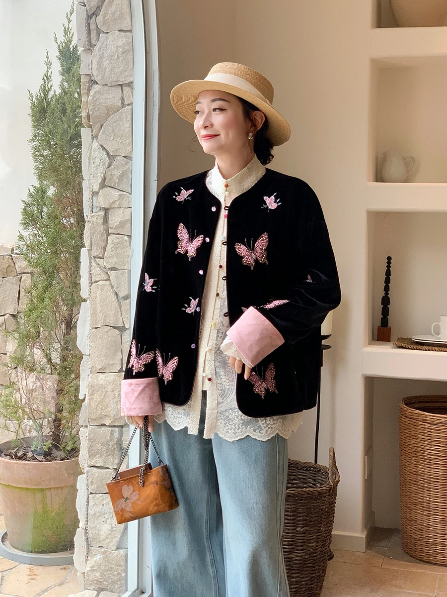 

New Chinese Sle Heavy Embroidery Silk Velvet Cotton Jaet Outerwear Pattern Thiened Long Sve round Ne Sin...