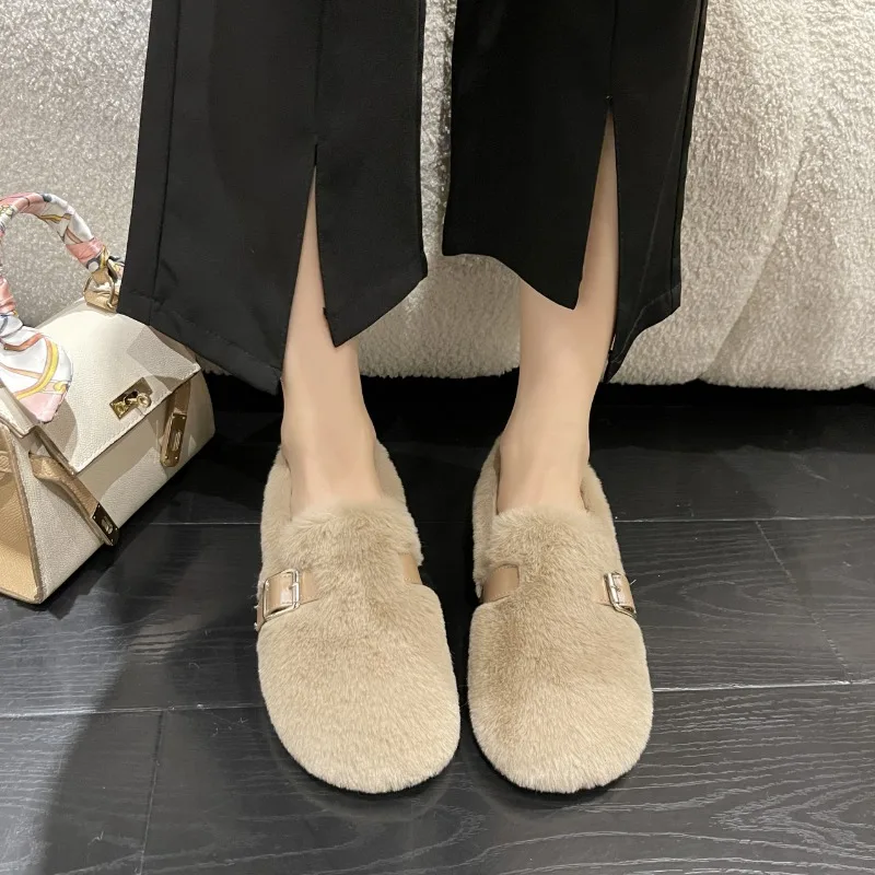 2026 New Women's Designer Belt Buckle Wool Soft Sole Flat Shoes Women's Winter Casual Home Comfortable Cotton Warm Mules