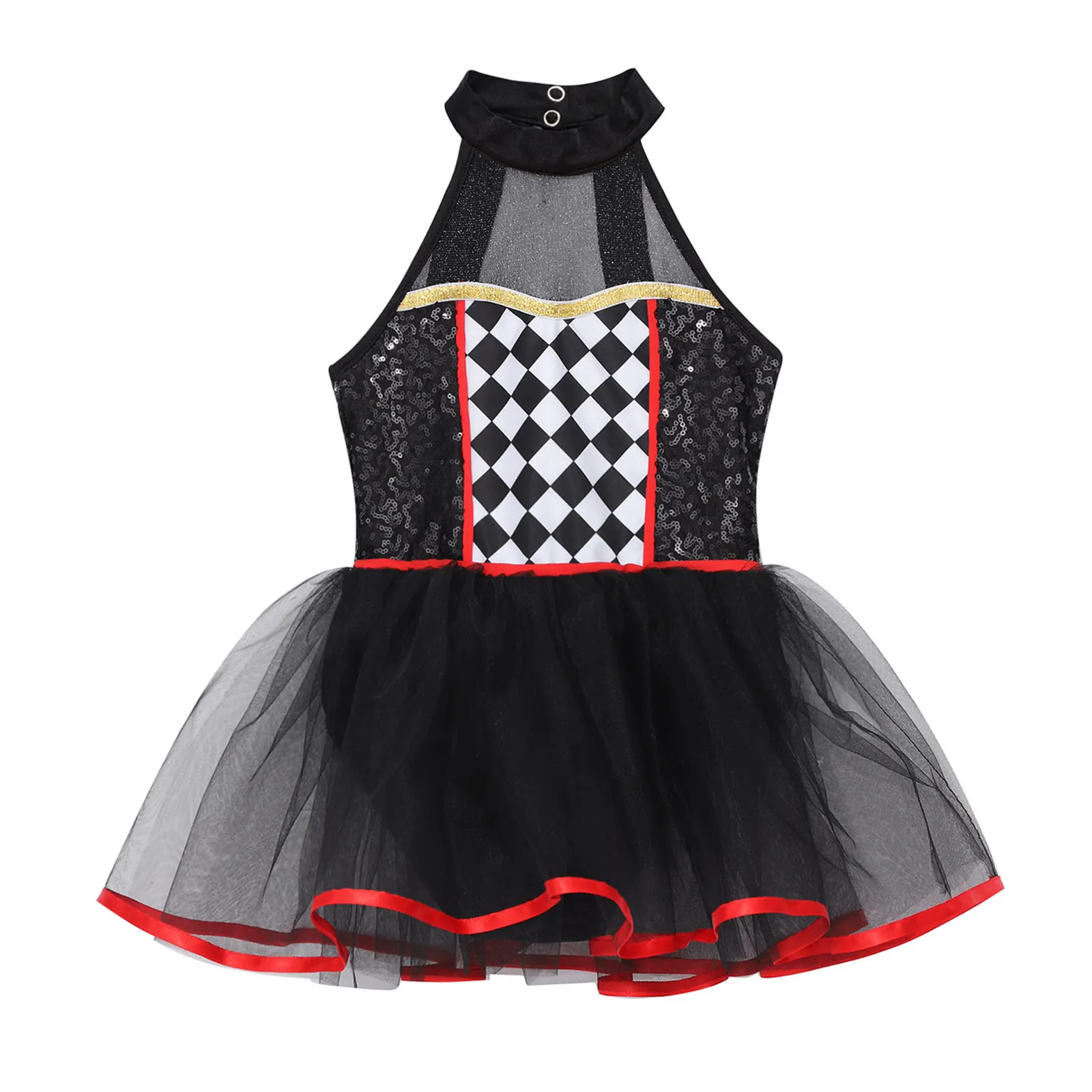 Kids Girls Checkerboard Sequins Tutu Dress Bodysuit Dancewear Halloween Doll Clown Cosplay Costume Halter Neck Dress Up Costume