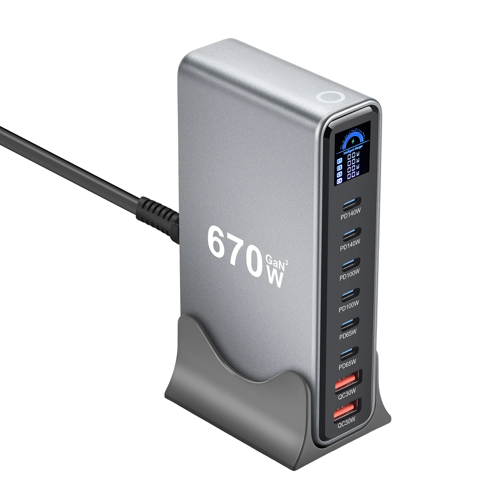 Neues 670W GaN-Ladegerät mit Display, Desktop-Schnellladestation, 140W USB-C-Anschluss, 8-Port-Ladegerät, geeignet für Handys, Tablets. – Detail 6