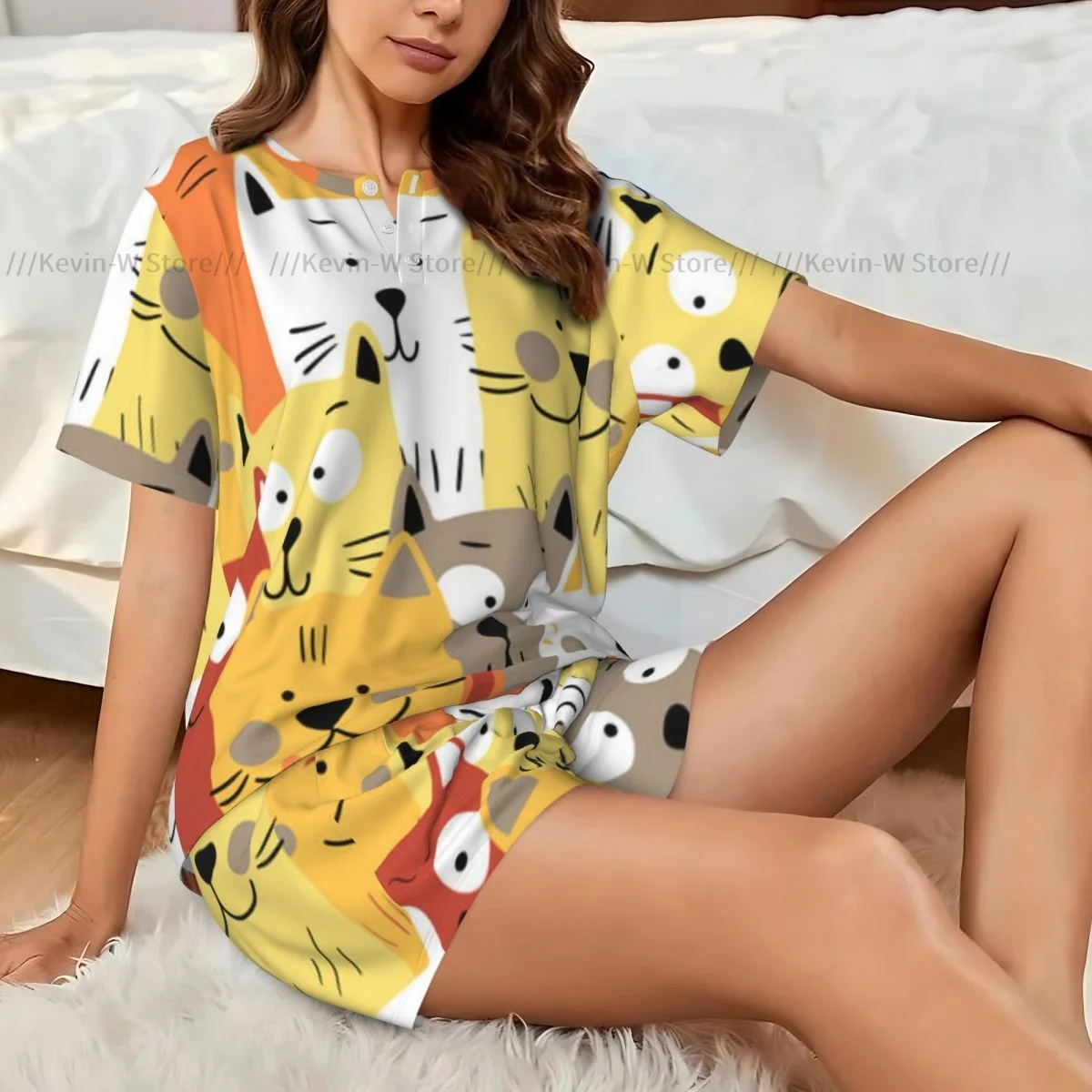 

Women Pajamas Set Cute Kitten Cats Scandinavian Homewear Two-Piece Short-Sleeved Short