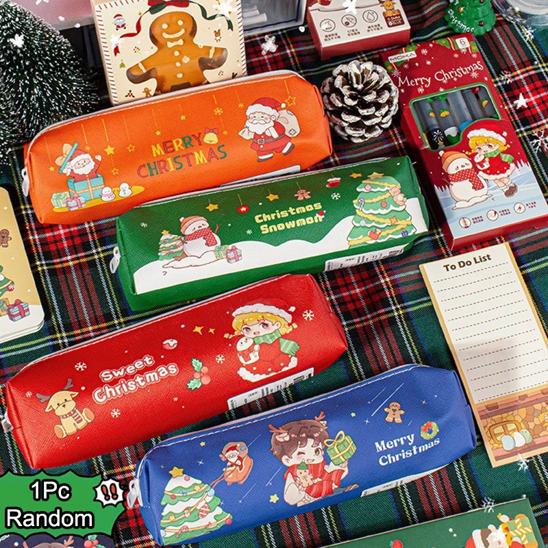 Christmas Cartoon PU Leather Pencil Bag Cute Christmas Gift Pencil Case School Stationery Storage Bag School Supplies