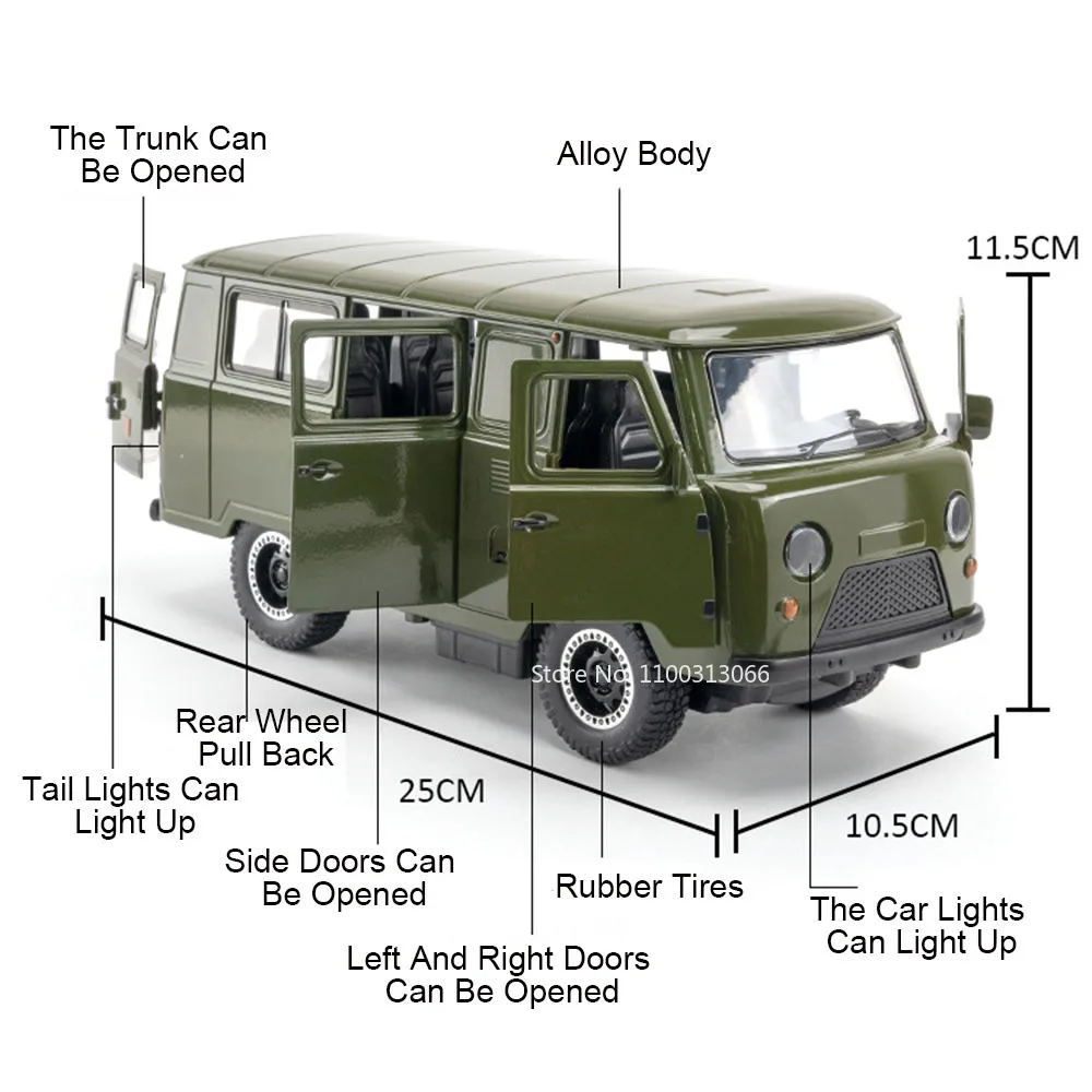 1/18 Russia UAZ Van Alloy Car Toy Diecast Models with Light Sound Cars 5 Doors Opened Vehicles for Kids Birthday Collection Gift