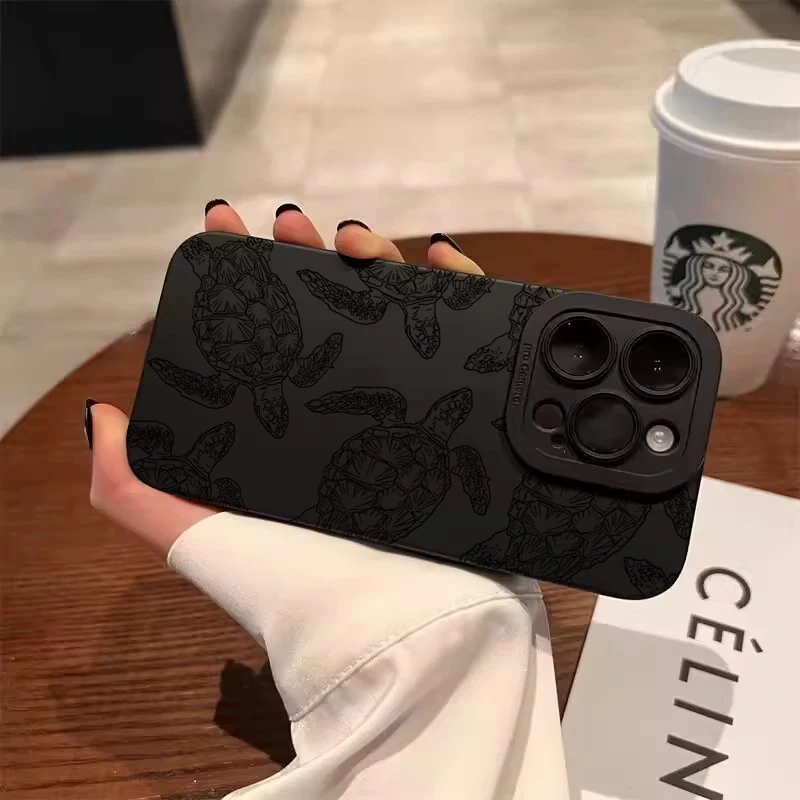 Black Sea Turtle Print Silicone Phone Case for iPhone 16 15 14 Pro Max 11 12 13 Pro 16E 7 8 Plus X XR XS Camera Protection Cover