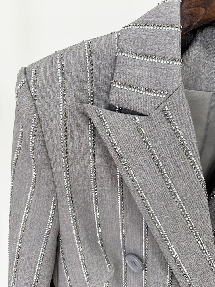 Women Pants Two Piece Sets Women Gray Rhinestone Single Button Blazer + Sparkle Striped Diamonds Pants Suits Evening Party Club