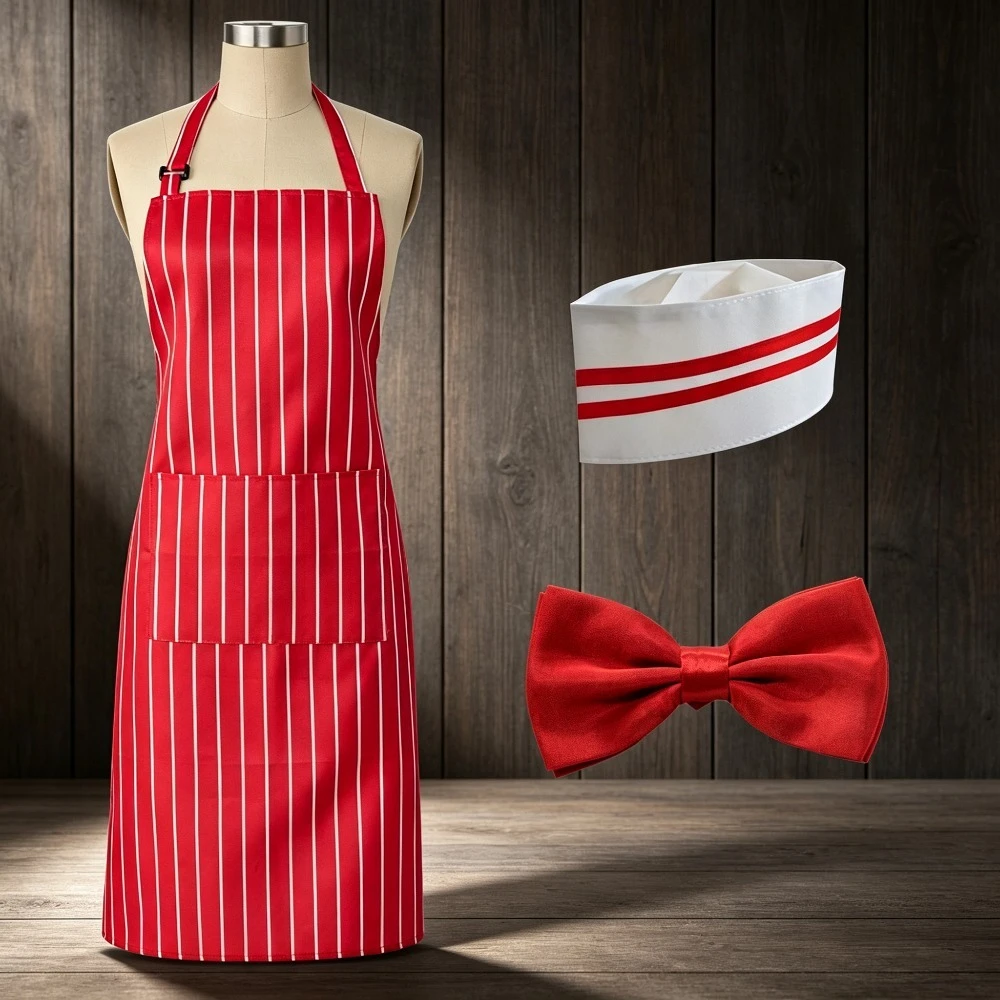 Vintage Waiter Costume Set Apron Hat Bow Tie Red White Stripe Apron Hat Outfit For Hotel Restaurant Dress Up