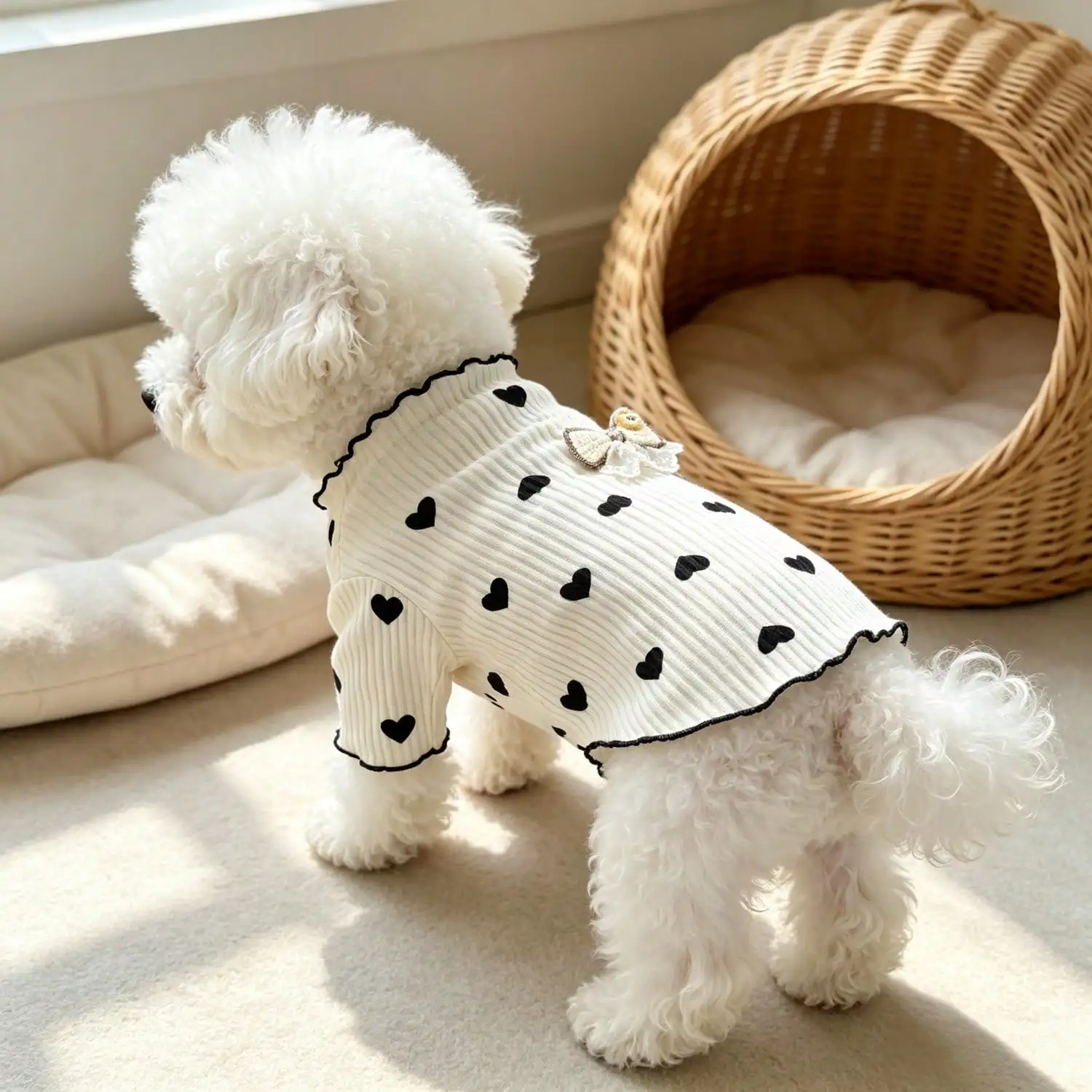 1 Stück geripptes Oberteil mit Herzmuster für kleine Hunde mit Spitzenschleife, lässiges Haustier-Shirt – Detail 3