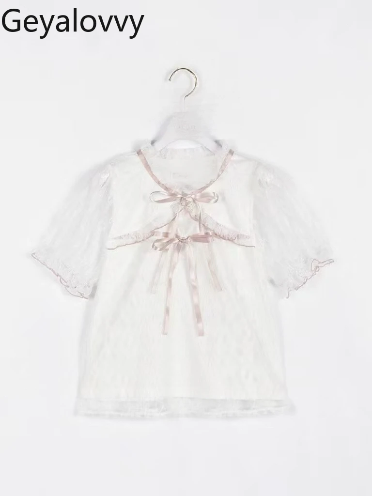 Ażurowe Koronkowe Uniwersalne Bluzki Letnie Nowe Japońskie Camisas Słodkie i Urocze Dziewczęce Bluzki Kokarda Sznurowane Koszulki z Krótkim Rękawem