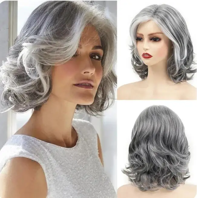 Cut Short Women Synthetic Wig Straight Wavy Ombre Brown Gray Natural Hair Heat Resistant Wig for Daily Party