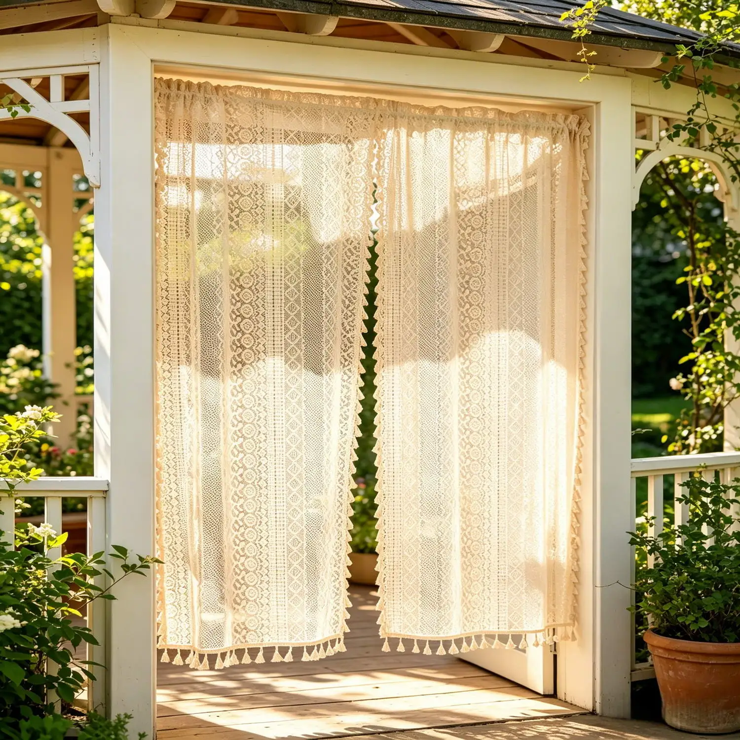 Boho Beige Crochet Lace Door Curtain Semi-Sheer Light Filtering Tassel Trim Rod Pocket Drape for Farmhouse Partition