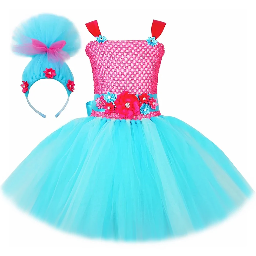Trolls Tutu Dress for Girls Princess Poppy Costume Toddler Kids Halloween Carnival Birthday Party Magic Elves Dress Up Outfits