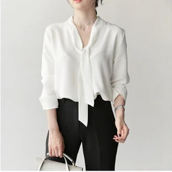 Gidyq Fashion Women Chiffon Shirt Korean Elegant Bandage Loose Long Sleeve Tops Casual All Match Office Ladies Pullover Blouse