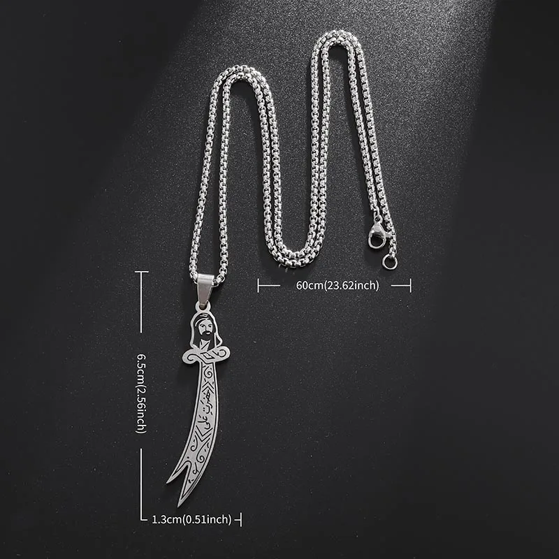 Stainless Steel Islamic Ali Sword Rune Pendant for Men and Women Lucky Talisman Muslim Religious Jewelry