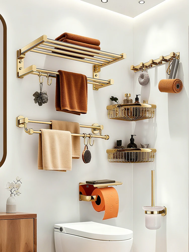 Gold Towel Rack Foldable Bath Towel Rack All Copper Toilet No Punching Bathroom Shelf Premium Bathroom Hardware