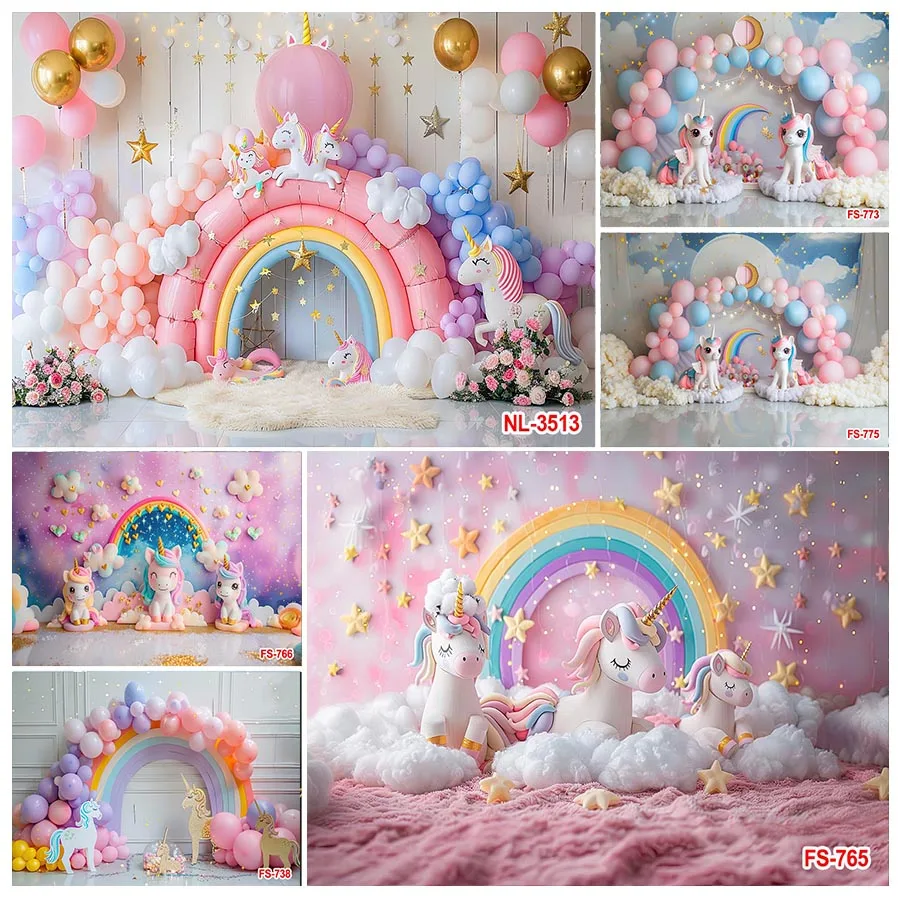 

Happy Unicorn Photography Backdrop Miracle Rainbow Kids Cake Smash Photocall Decor Child Birthday Party Props Photo Background