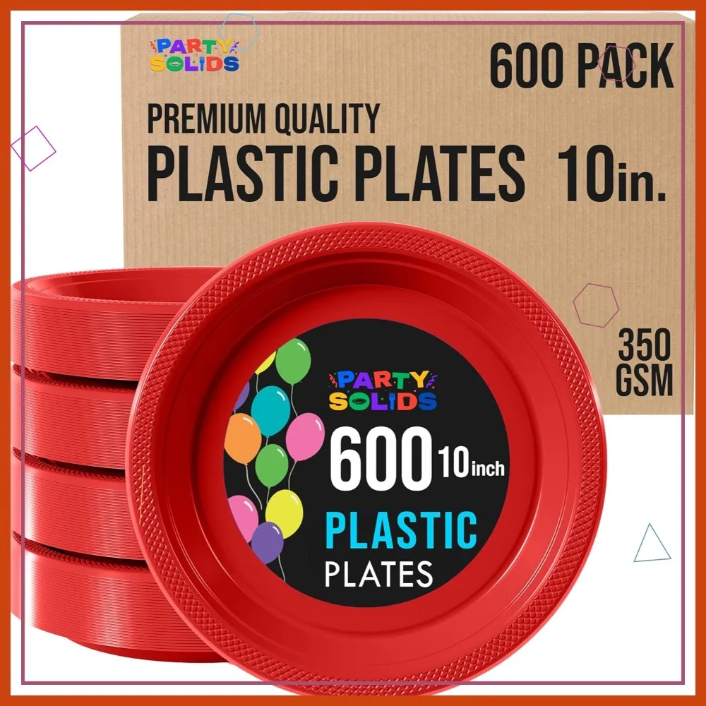 

600 Pcs 10" Red Disposable Plates Bulk Heavy Duty 350 GSM Party Supplies Plastic Dinnerware
