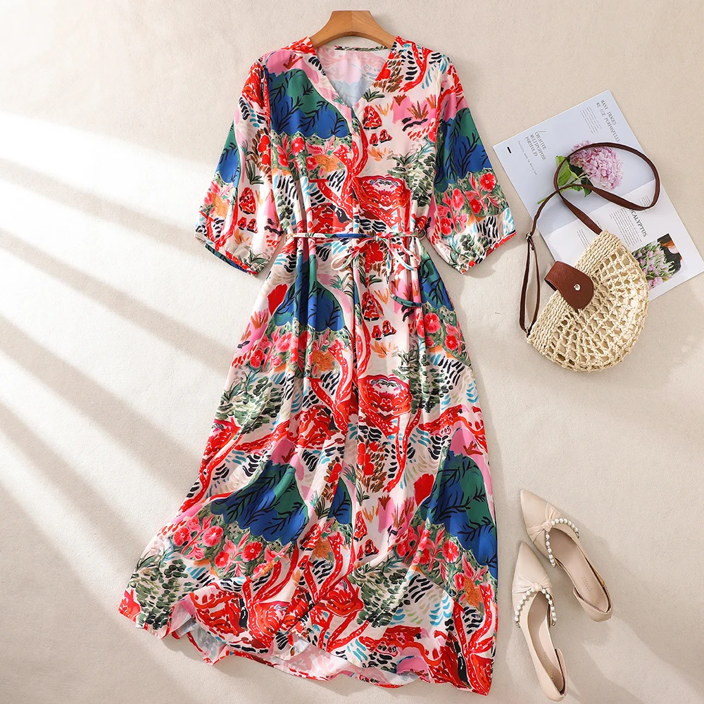 RAIN YAN LIN Vestido de Verano Vintage con Estampado Botánico para Mujer, Cuello en V, Manga al Codo, Cintura con Lazo, Línea A, Fluido, Midi, para Vacaciones