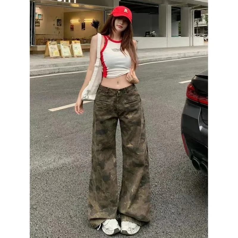 Americano retro camuflagem casual calças de trabalho feminino solto perna larga jeans outono novo sle cintura alta fechamento com zíper
