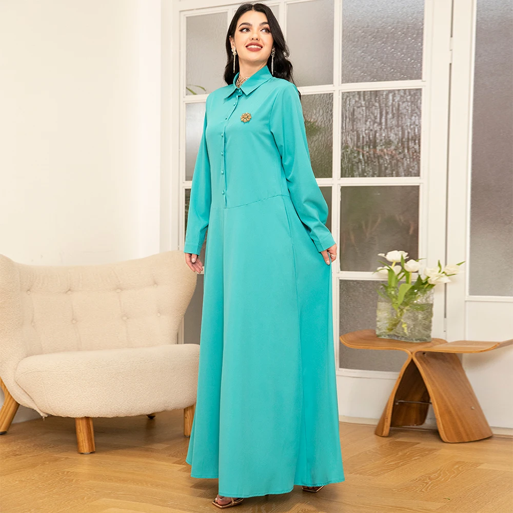 Elegant style Lapel Solid color Pocket Buttons Applique Shirt sleeve Long Dresses