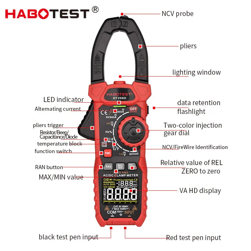 Imagem -06 - Digital Clamp Meter Pro 1000a 1000v ac dc Current Clamp Alicate True Rms Amperímetro Voltímetro Vfd Rel Ohm Capacitor Tester Ht208 206