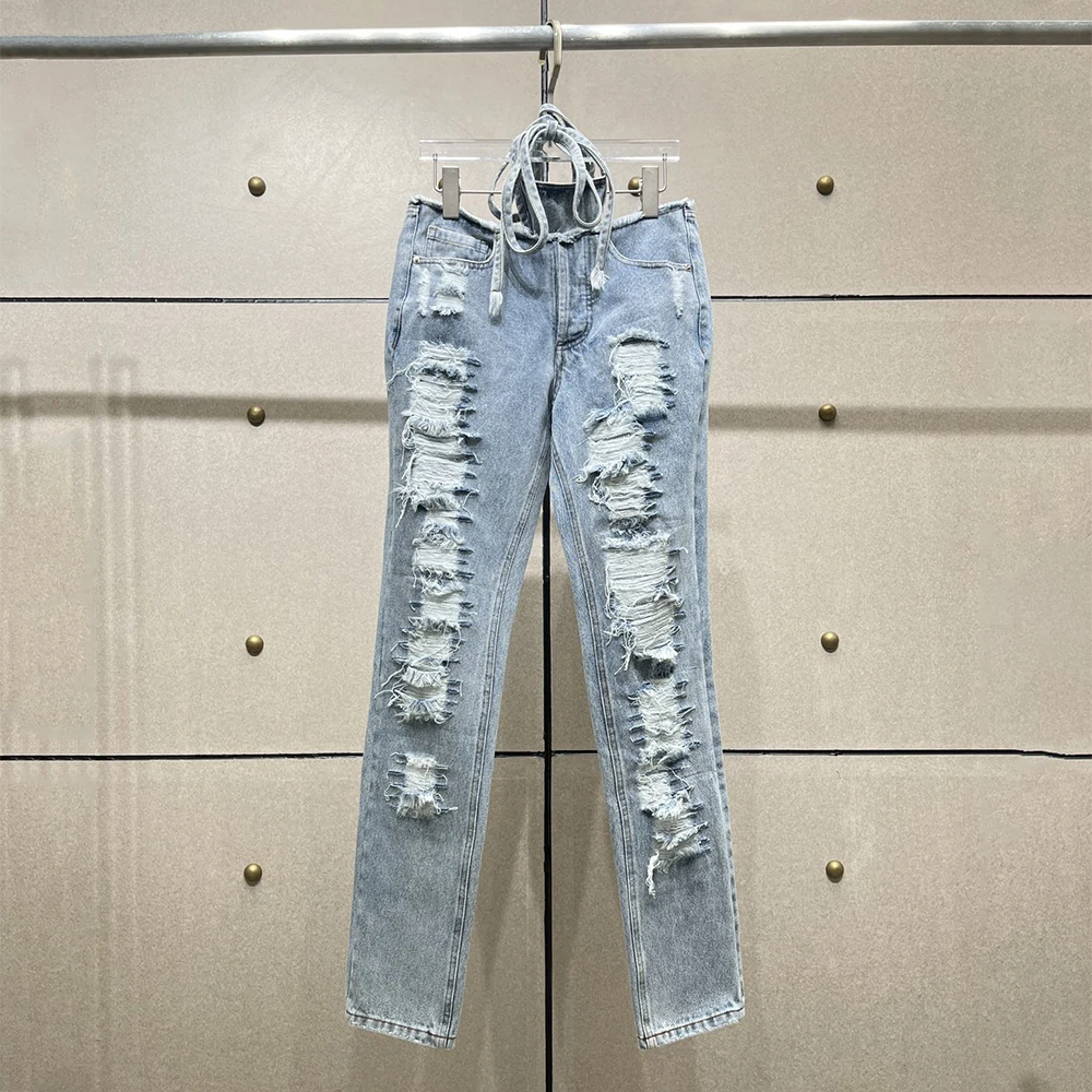 Jean délavé Vintage en coton pour femme, pantalon déchiré à jambe droite avec accents de strass découpés, nouvelle collection automne/hiver 2025 Y2K