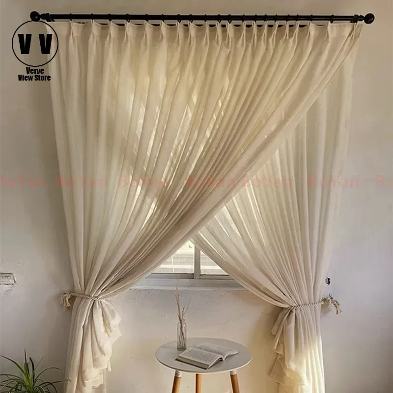 

Double Layers Japanese Flax Style Tulle Curtains Window for Living Room Beige Linen Like Voile Bedroom Sheer Cortina Drapes