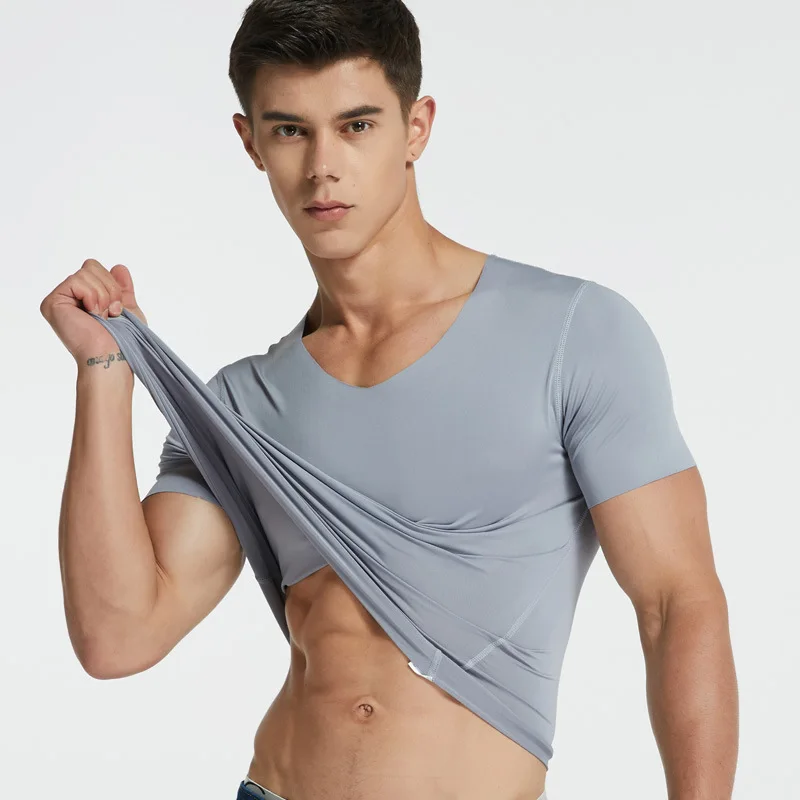 6Pcs Men's Casual Fashionable V-neck Solid Color Ice Silk Mens Short Sleeved T-shirt Fitness Sports Summer Quick Dry Shirt Tops