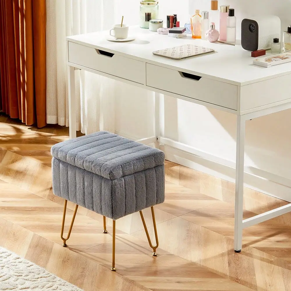 

Vanity Stool Chair Faux Fur With Storage, Soft Ottomans 4 Metal Legs With Adjustable AntiSlip Feet Thick Padded Seat Modern Mul