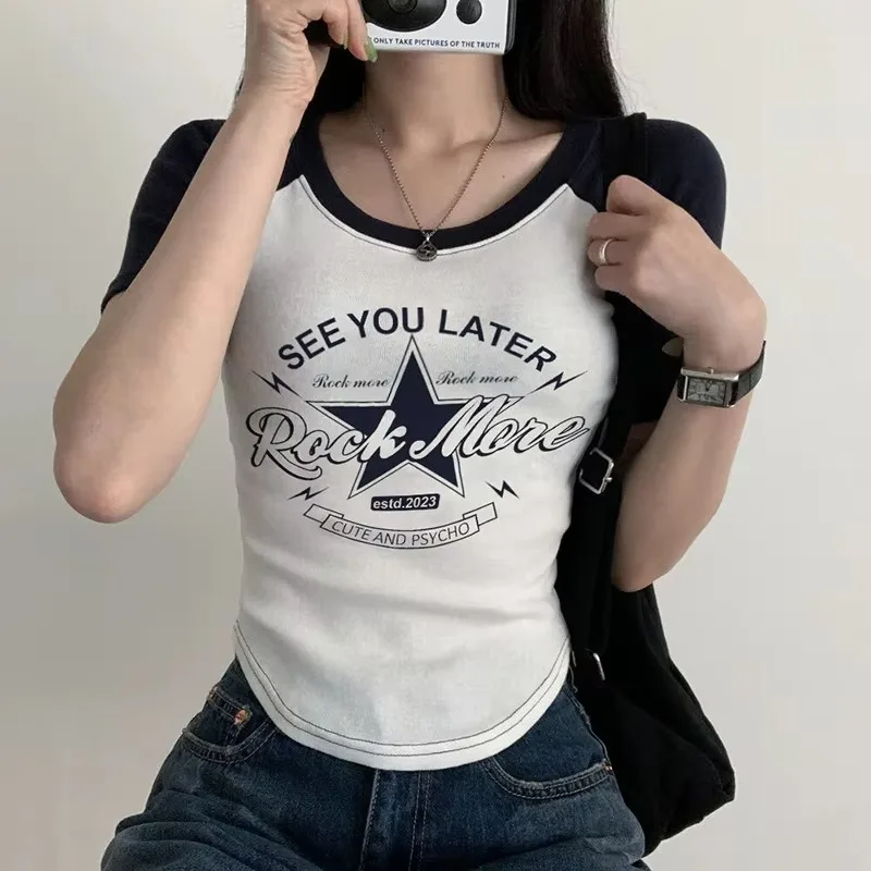 Gothic Y2K Style T-Shirts Vintage Women Tees Short Sleeve Letter Print Casual Crop Tops Female EMO girls Graphic Crop Tops 90s